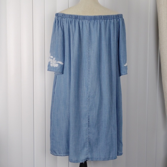 Easel Womens Washed Blue Off-Shoulder Embroidered Tunic Dress. - Picture 3 of 14